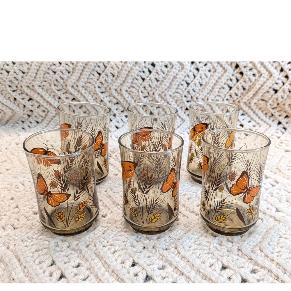 Vintage Libbey Butterfly Wheat Smoky Brown Juice Glasses Set of 6 Retro 4in